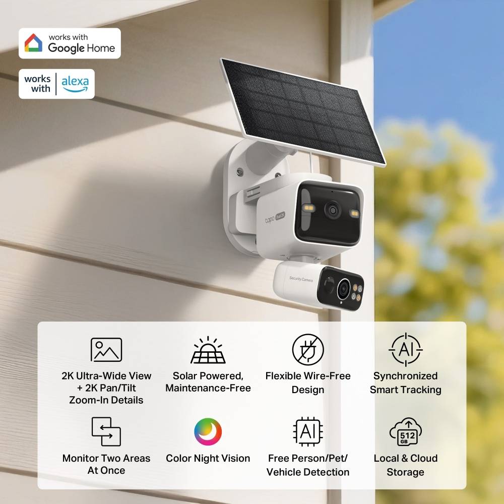 Câmara de Segurança TP-Link Tapo C645D KIT Dual Lens 2K 3MP Pan/Tilt Outdoor IP65 Security Wi-Fi com Bateria + Painel Solar Tapo A20 3