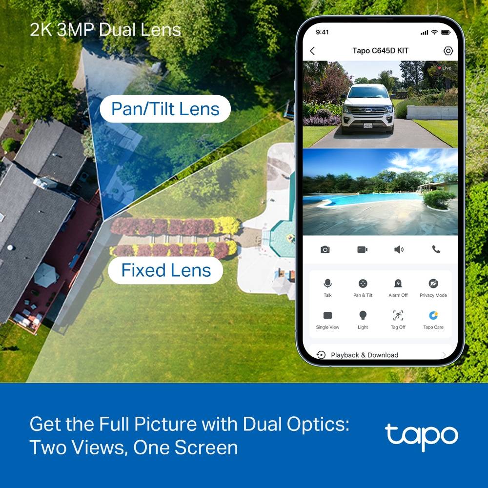 Câmara de Segurança TP-Link Tapo C645D KIT Dual Lens 2K 3MP Pan/Tilt Outdoor IP65 Security Wi-Fi com Bateria + Painel Solar Tapo A20 4