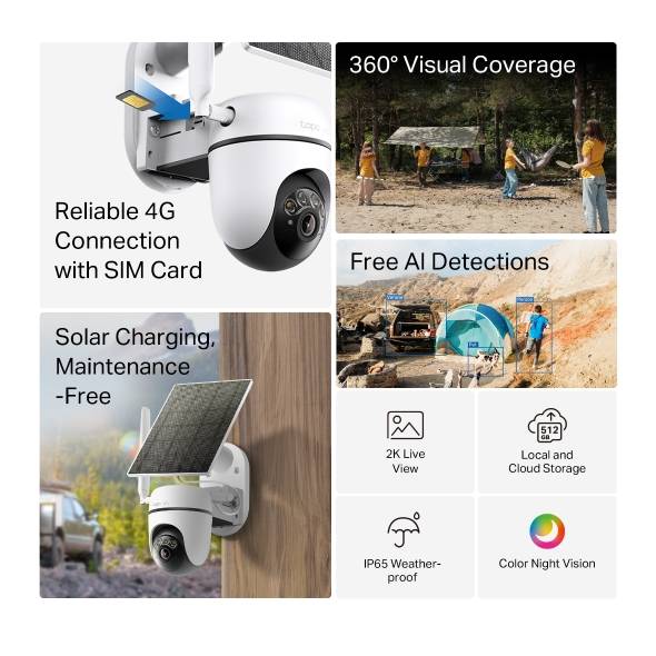 Câmara de Segurança TP-Link Tapo TC90G KIT 2K 3MP Pan/Tilt 4G LTE Outdoor IP65 Security Wi-Fi com Bateria + Painel Solar Tapo A201 2