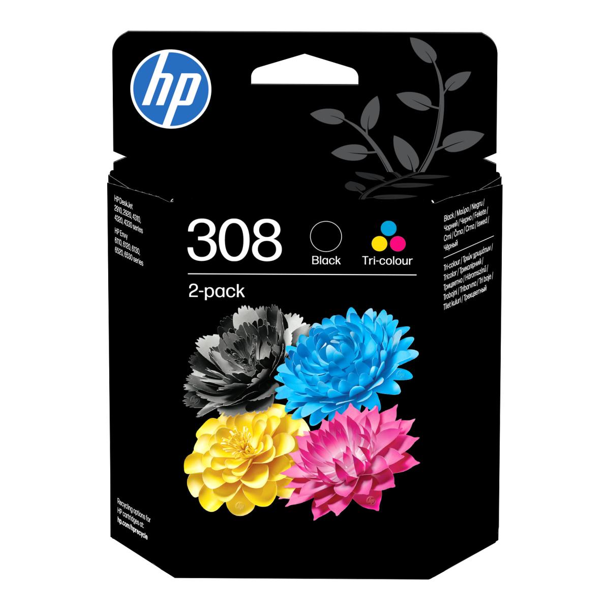 Imagem 0 de Pack de 2 Tinteiros HP Instant Ink 6L6S6UE 308 - Preto / Tricolor