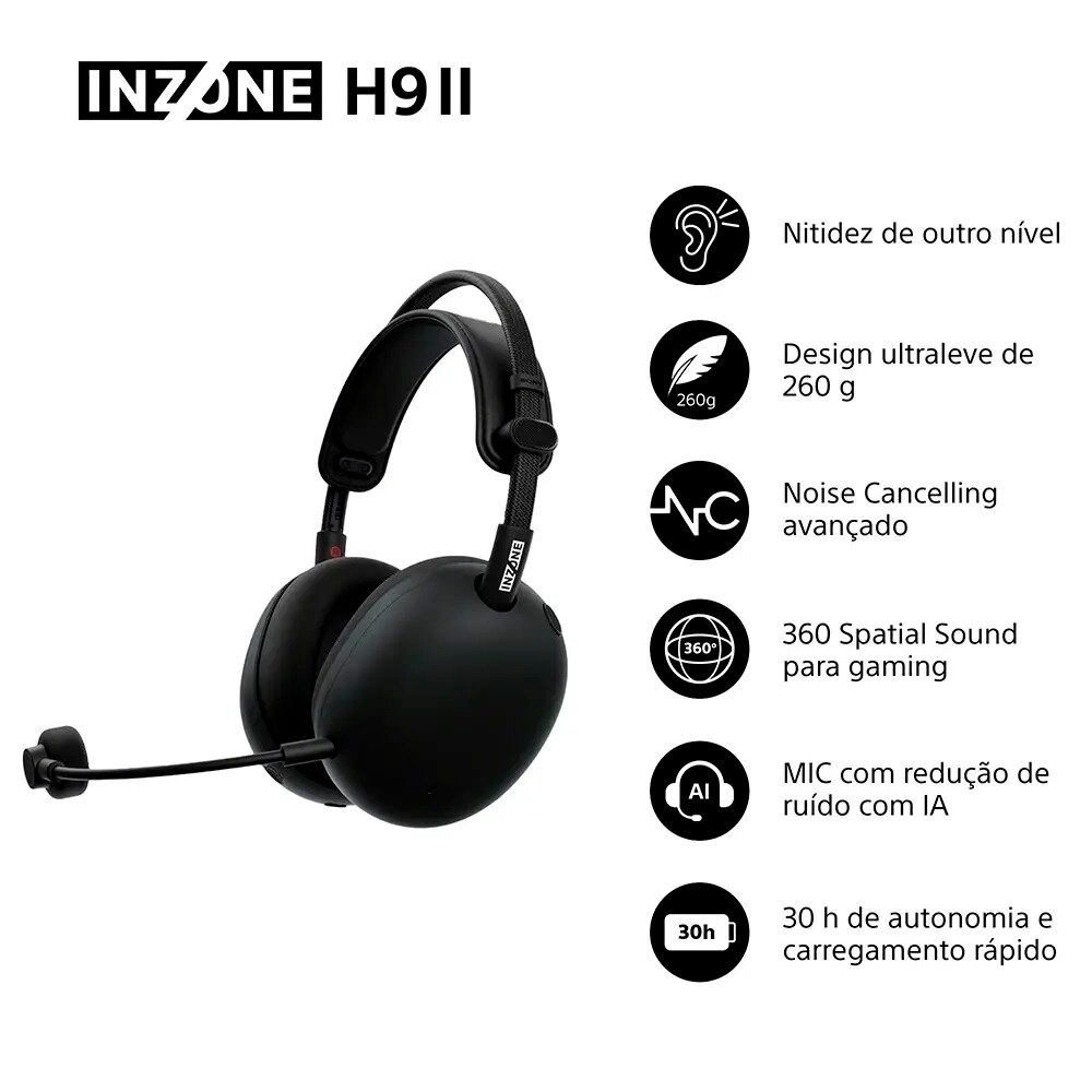 Auscultadores de Gaming Sony INZONE H9 II WH-G910NB com Cancelamento de Ruído - Preto Preto-2