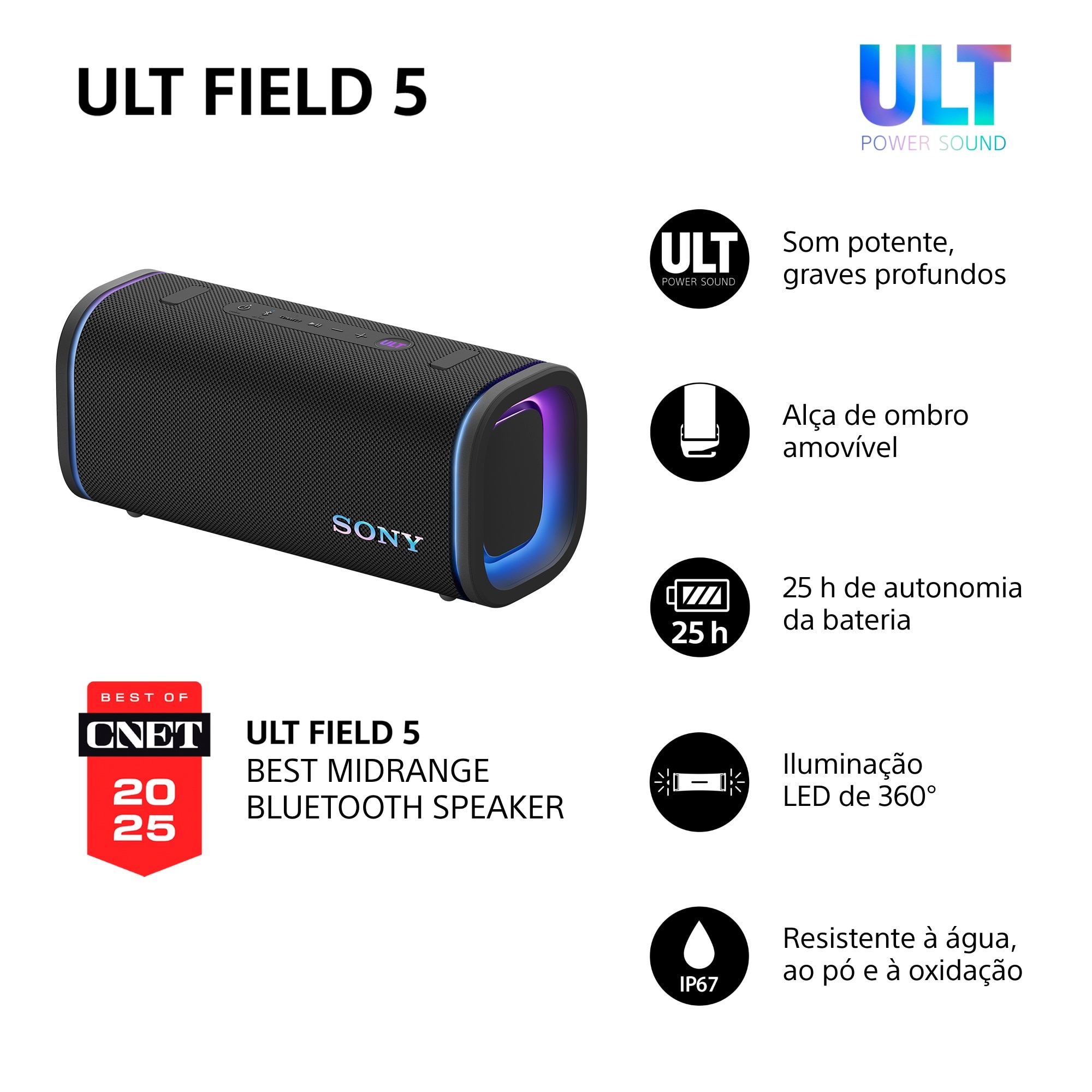 Coluna Portátil Sony ULT FIELD 5 com ULT POWER SOUND, IP67, Resistente à Água, ao Pó, aos Choques, Bateria 25 H Duração, Luzes 360°, Correia Amovível Preto-3