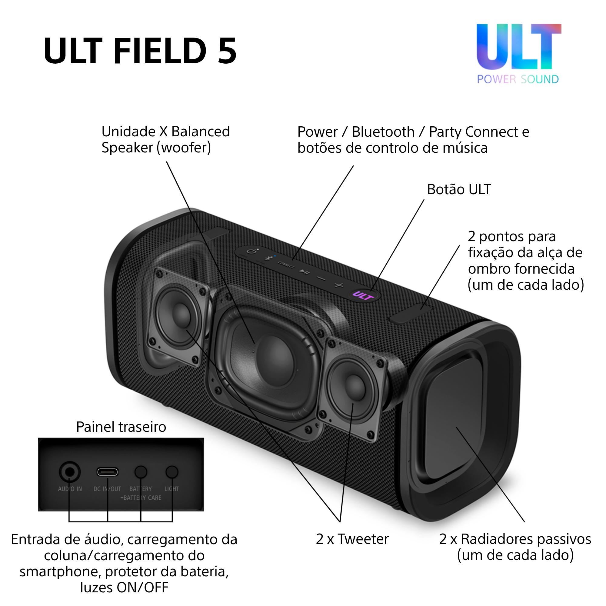 Coluna Portátil Sony ULT FIELD 5 com ULT POWER SOUND, IP67, Resistente à Água, ao Pó, aos Choques, Bateria 25 H Duração, Luzes 360°, Correia Amovível Preto-12