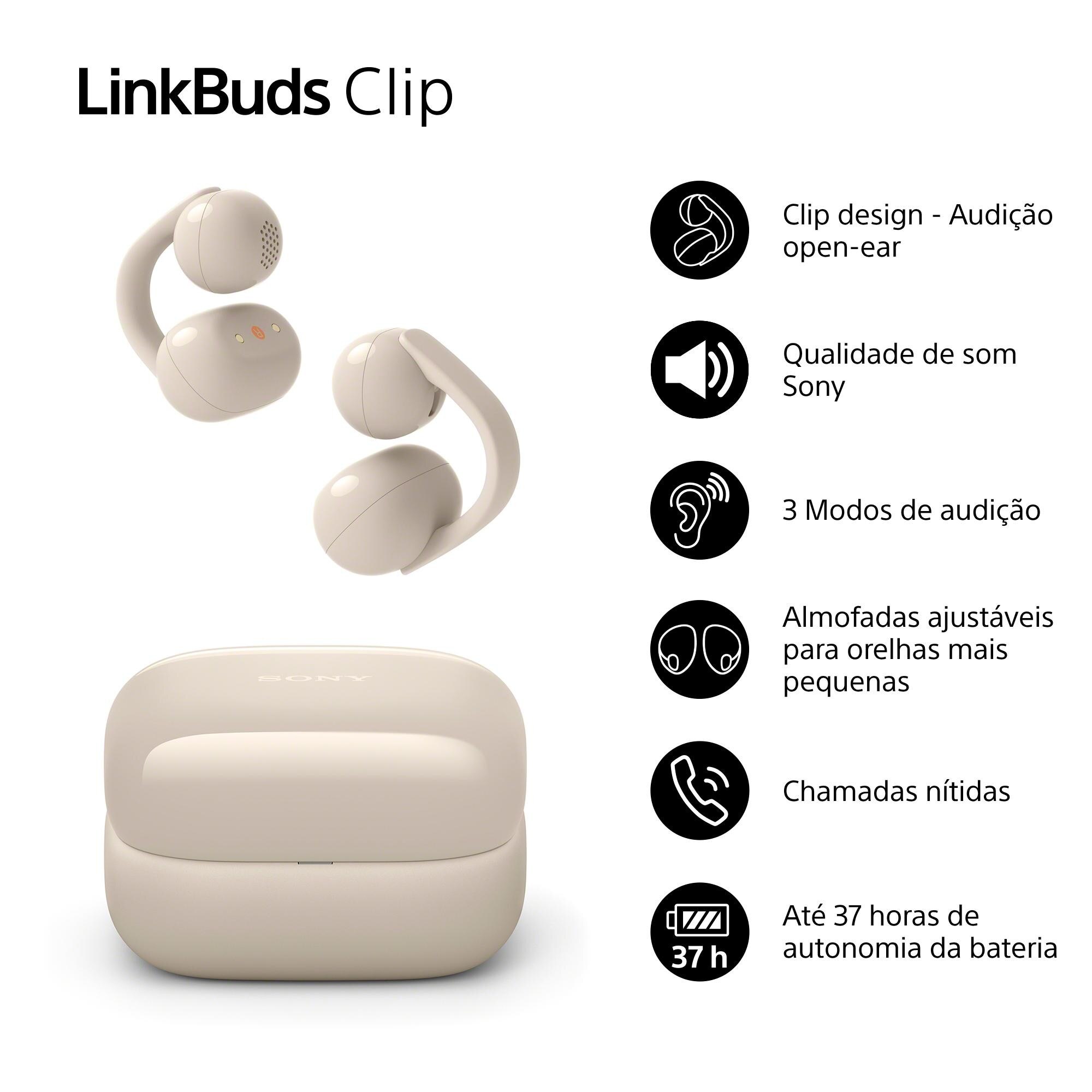 Auriculares sem Fios Sony LinkBuds Clip, Bluetooth, IPX4, 37 Horas de Autonomia Bege-3