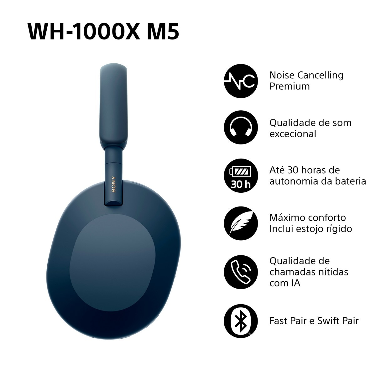 Auscultadores Sony WH1000XM5 Bluetooth, Noise Cancelling, 30 Horas de Bateria, Microfone, para iOS, Android e PC Azul Meia-Noite-3