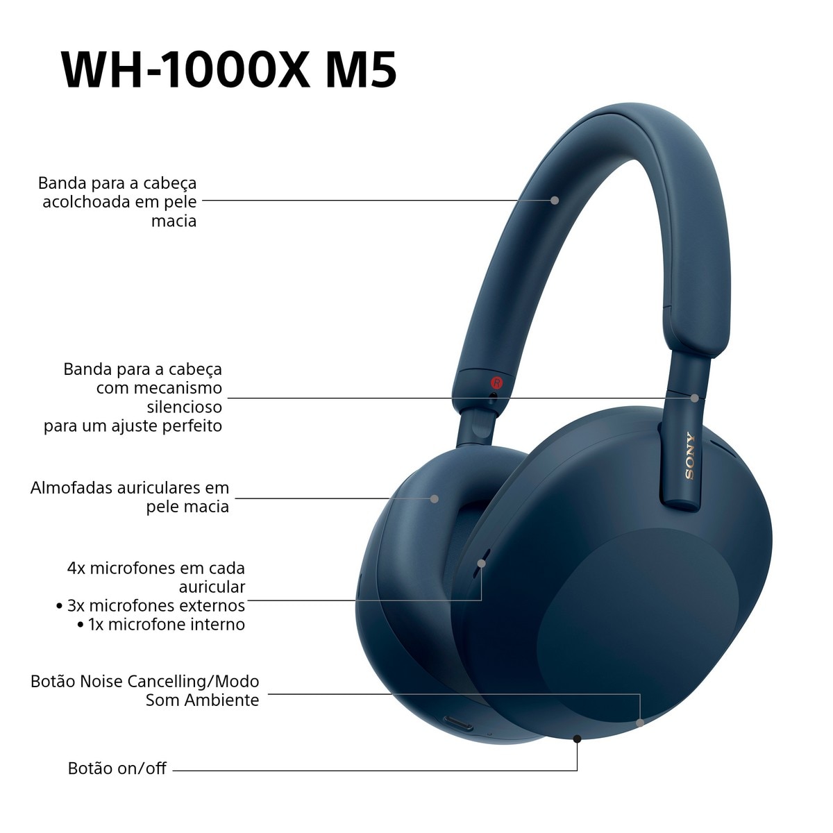Auscultadores Sony WH1000XM5 Bluetooth, Noise Cancelling, 30 Horas de Bateria, Microfone, para iOS, Android e PC Azul Meia-Noite-10