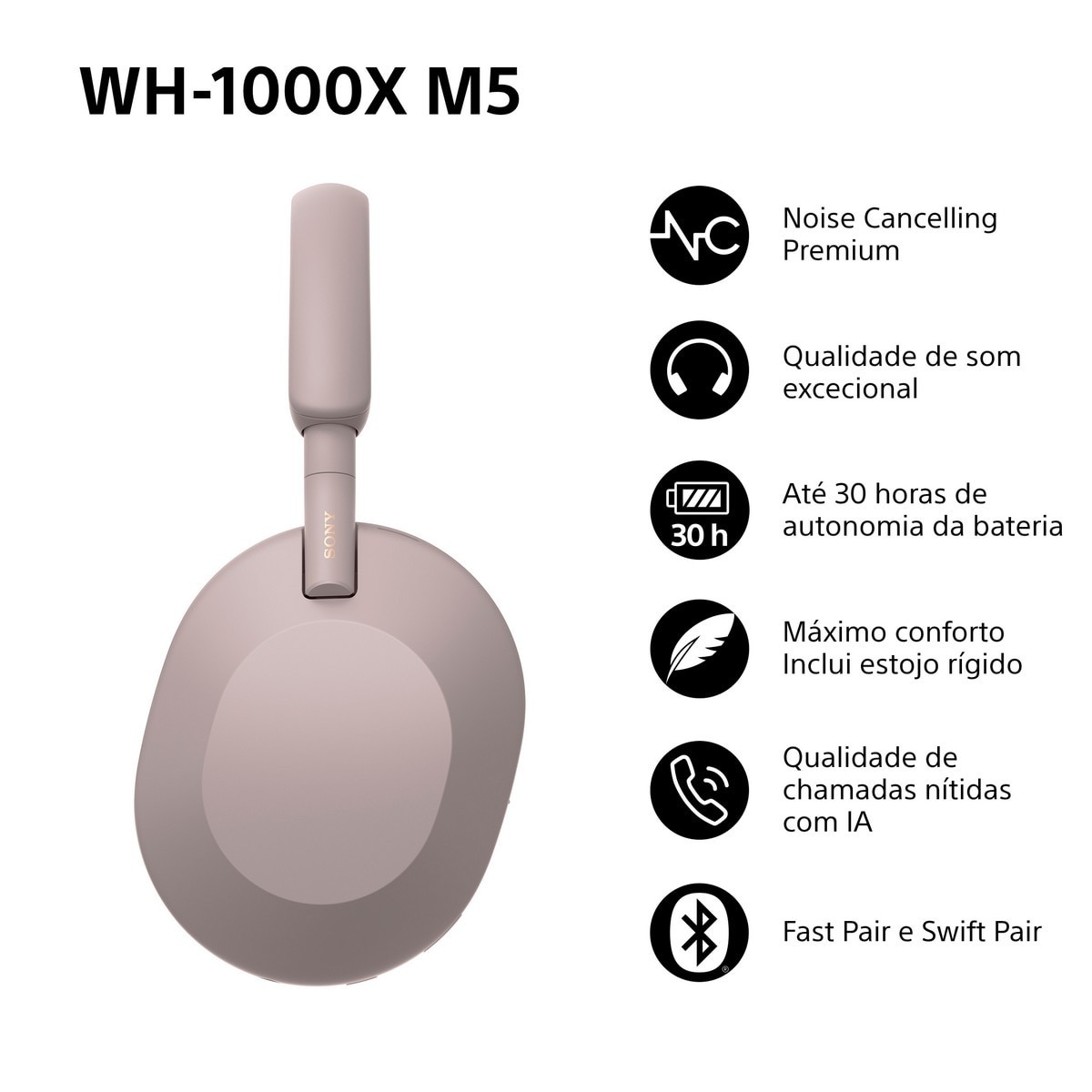Auscultadores Sony WH1000XM5 Bluetooth, Noise Cancelling, 30 Horas de Bateria, Microfone, para iOS, Android e PC Rosa-pálido-3