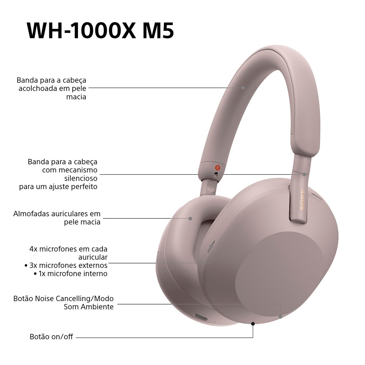 Auscultadores Sony WH1000XM5 Bluetooth, Noise Cancelling, 30 Horas de Bateria, Microfone, para iOS, Android e PC Rosa-pálido-10