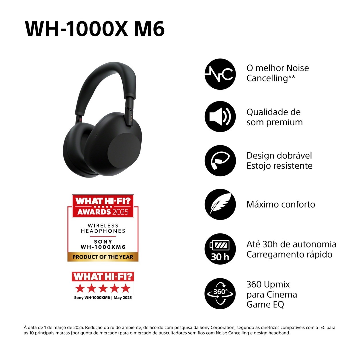 Auscultadores Bluetooth Sony WH-1000XM6, Noise Cancelling Preto-3