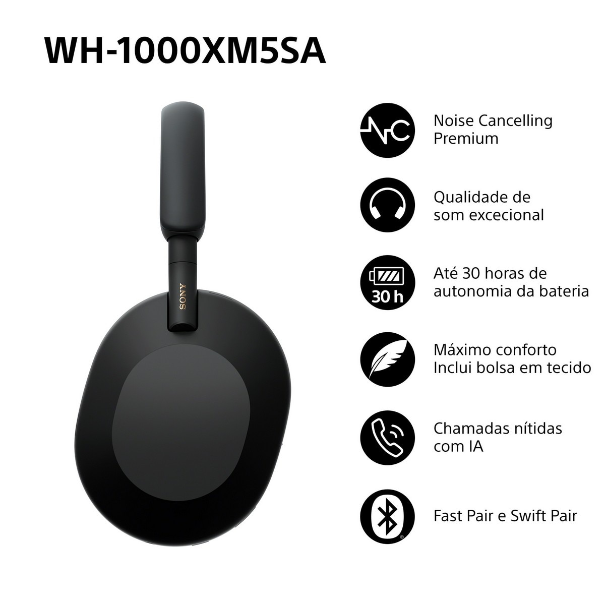 Auscultadores sem fios Sony WH-1000XM5SA Premium, Bluetooth com Noise Cancelling e com Bolsa em Tecido - Preto Preto-2