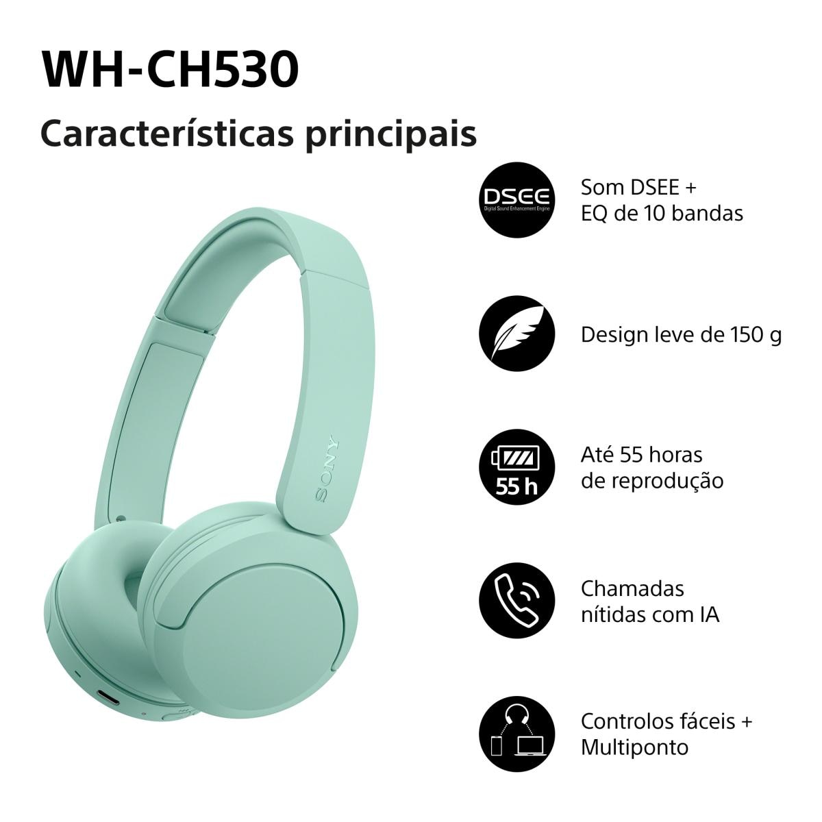 Auscultadores Bluetooth Sony WH-CH530 Verde-4