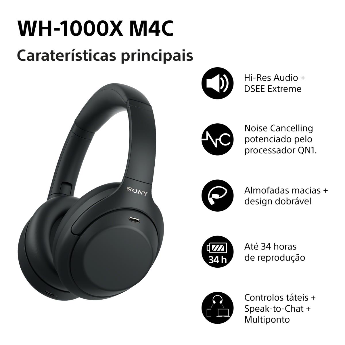Auscultadores Headband NC Sony WH-1000XM4C Bluetooth, sem Fios, com Cancelamento de Ruído e até 34 h de Bateria Preto-4