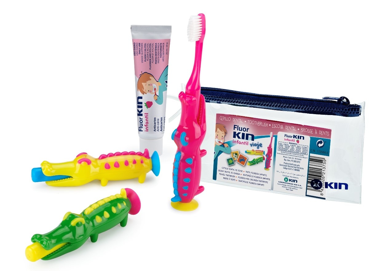 Imagem 0 de Kit de Viagem Infantil Escova de Dentes Crocodilo +6anos + Pasta Dentífrica Infantil 25ml Kin