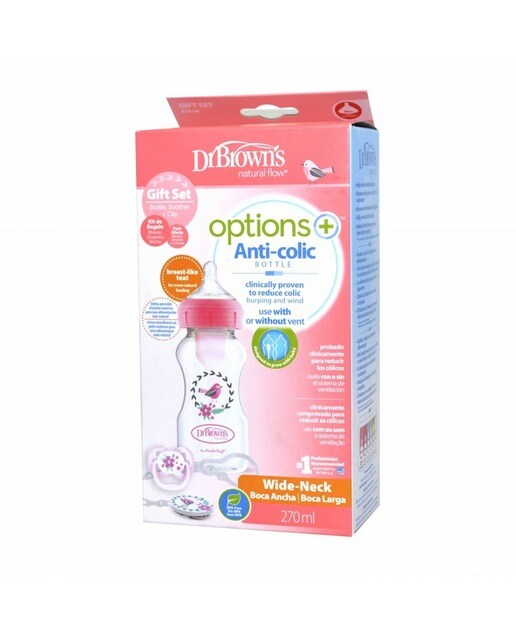 Natural Flow Kit Oferta Rosa 0-6M 1 biberão (270 ml) + 1 chupeta + clip chupeta Dr Brown's 1