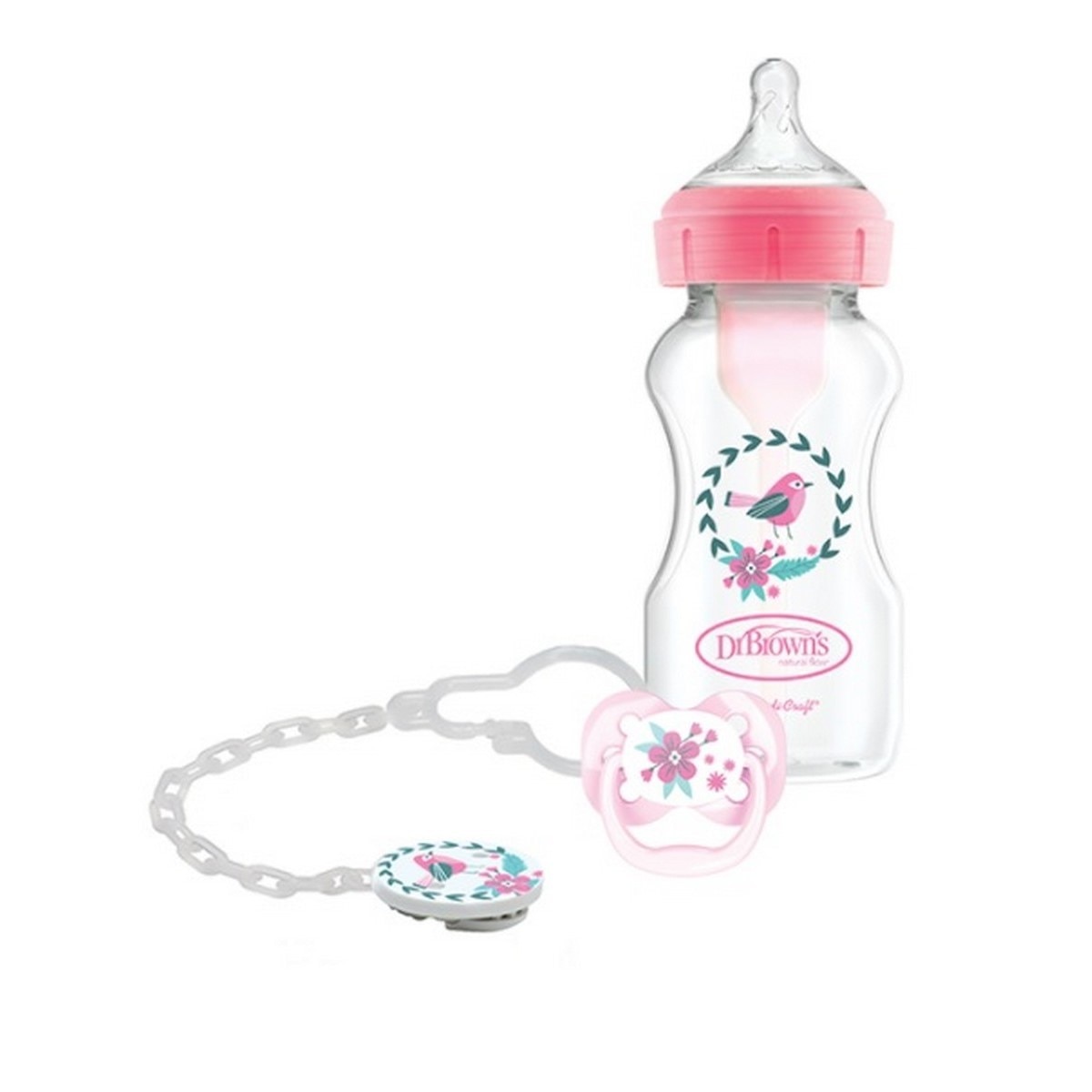 Natural Flow Kit Oferta Rosa 0-6M 1 biberão (270 ml) + 1 chupeta + clip chupeta Dr Brown's 2