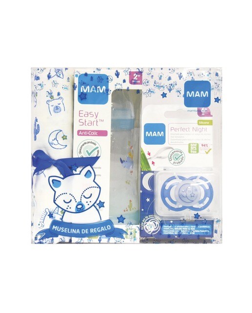 Imagem 0 de Kit Azul: Biberão Easy Start Anti-Colic 260Ml + Chupeta Perfect Night (6+) + Fralda Pano