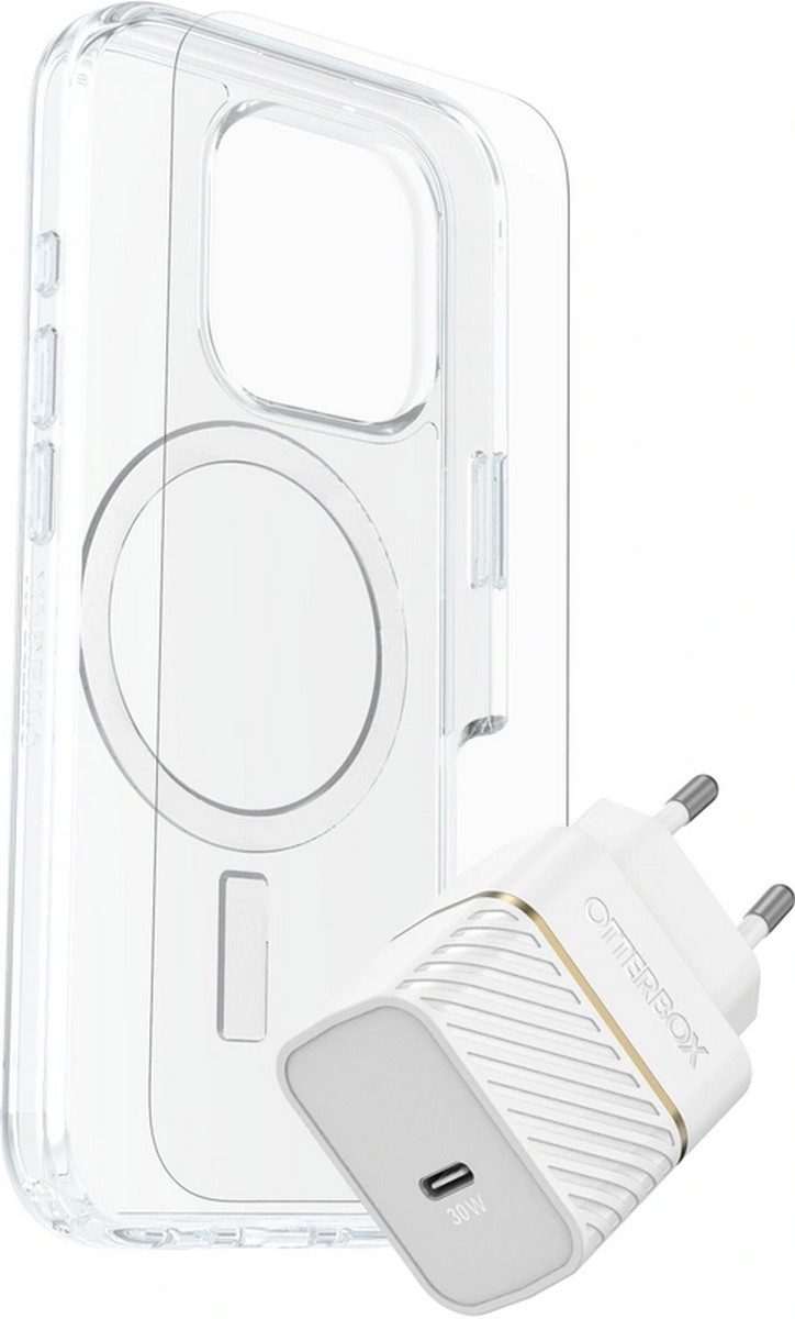 Imagem 0 de Kit Otterbox Capa Symmetry Series Clear com MagSafe Slim Protective  + Película de Vidro + Carregador 30W para iPhone 16 - Transparente