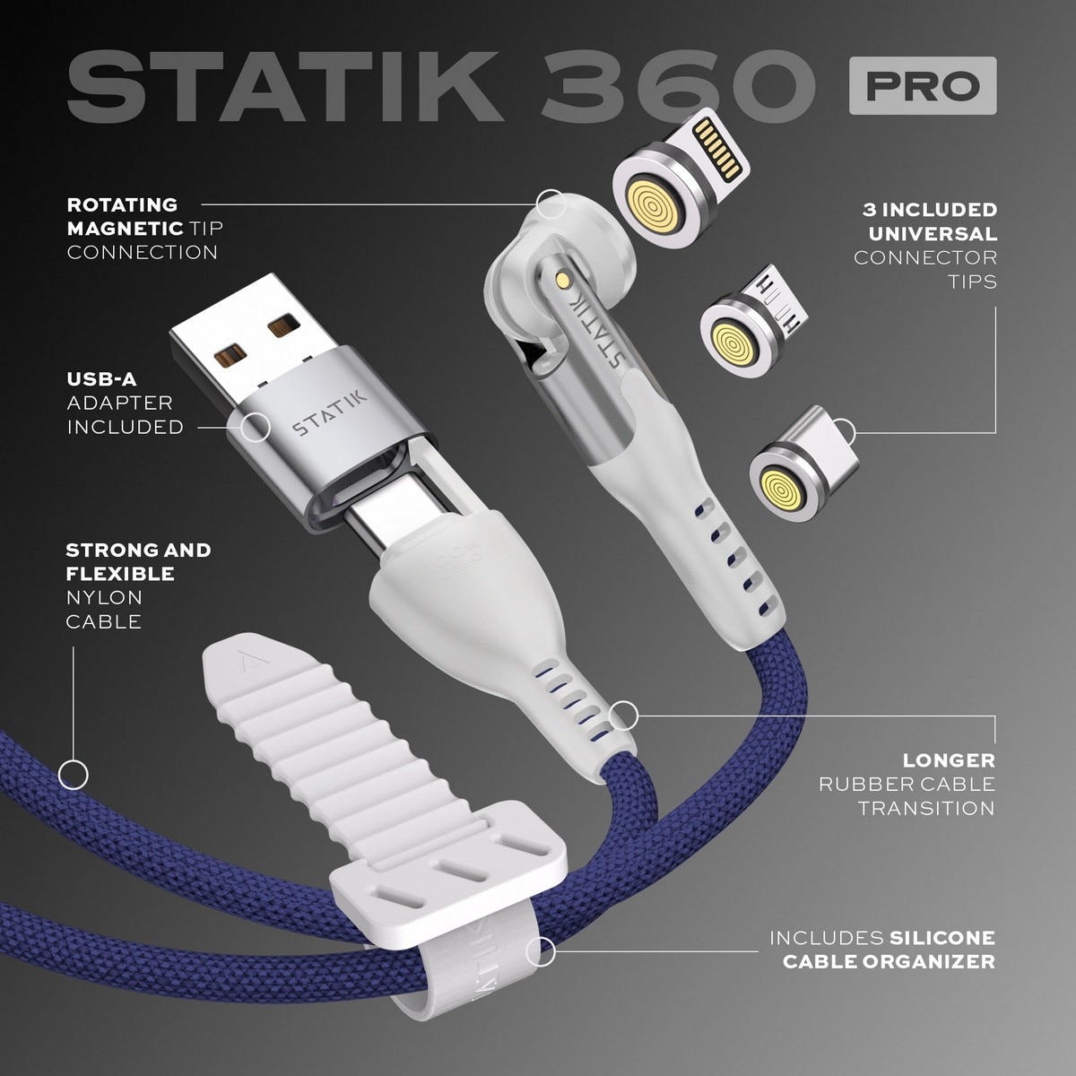 Cabo de Carregamento Statik 360 Pro Magnético de 100W USB-C, Lightning e Micro-USB - Azul Azul-2