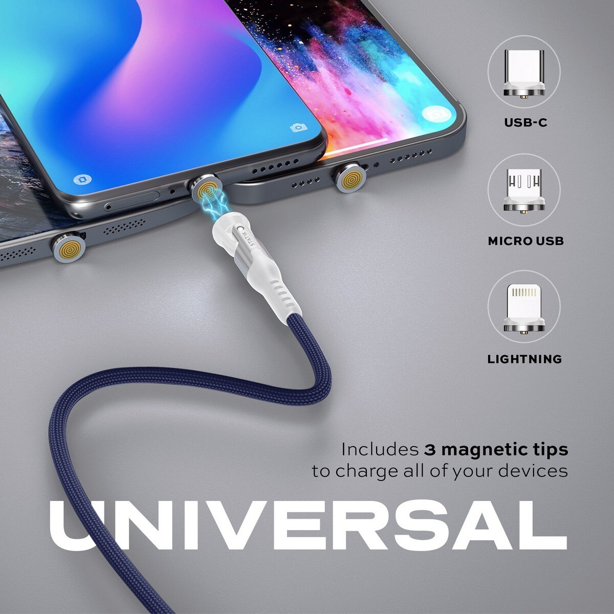 Cabo de Carregamento Statik 360 Pro Magnético de 100W USB-C, Lightning e Micro-USB - Azul Azul-5