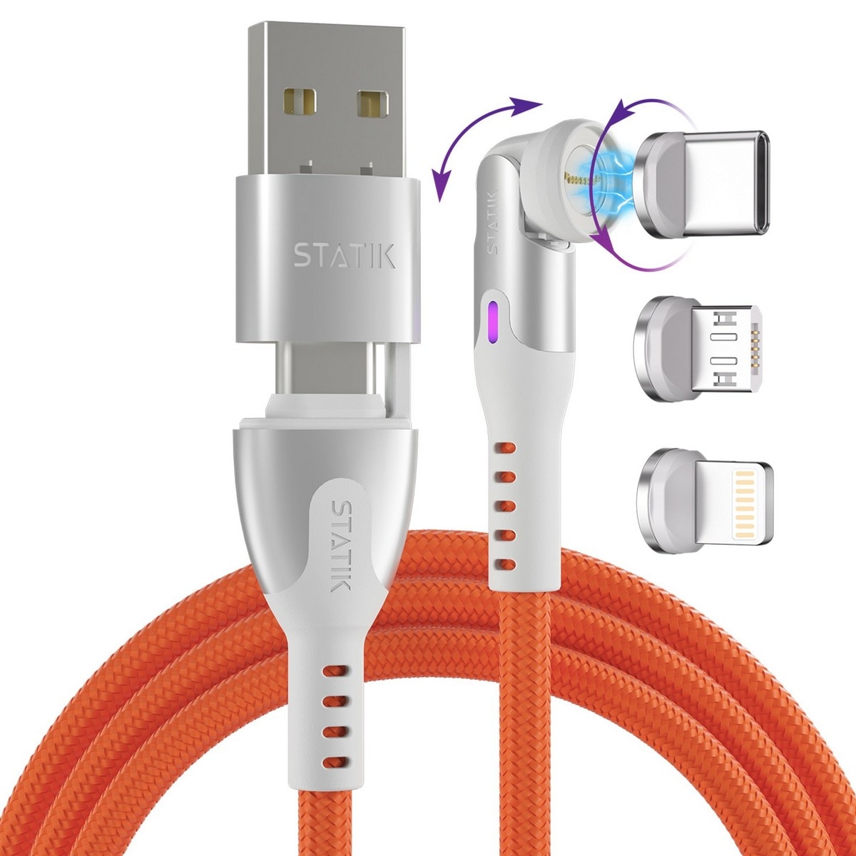 Imagem 0 de Cabo de Carregamento Statik 360 Pro Magnético de 100W USB-C, Lightning e Micro-USB - Laranja
