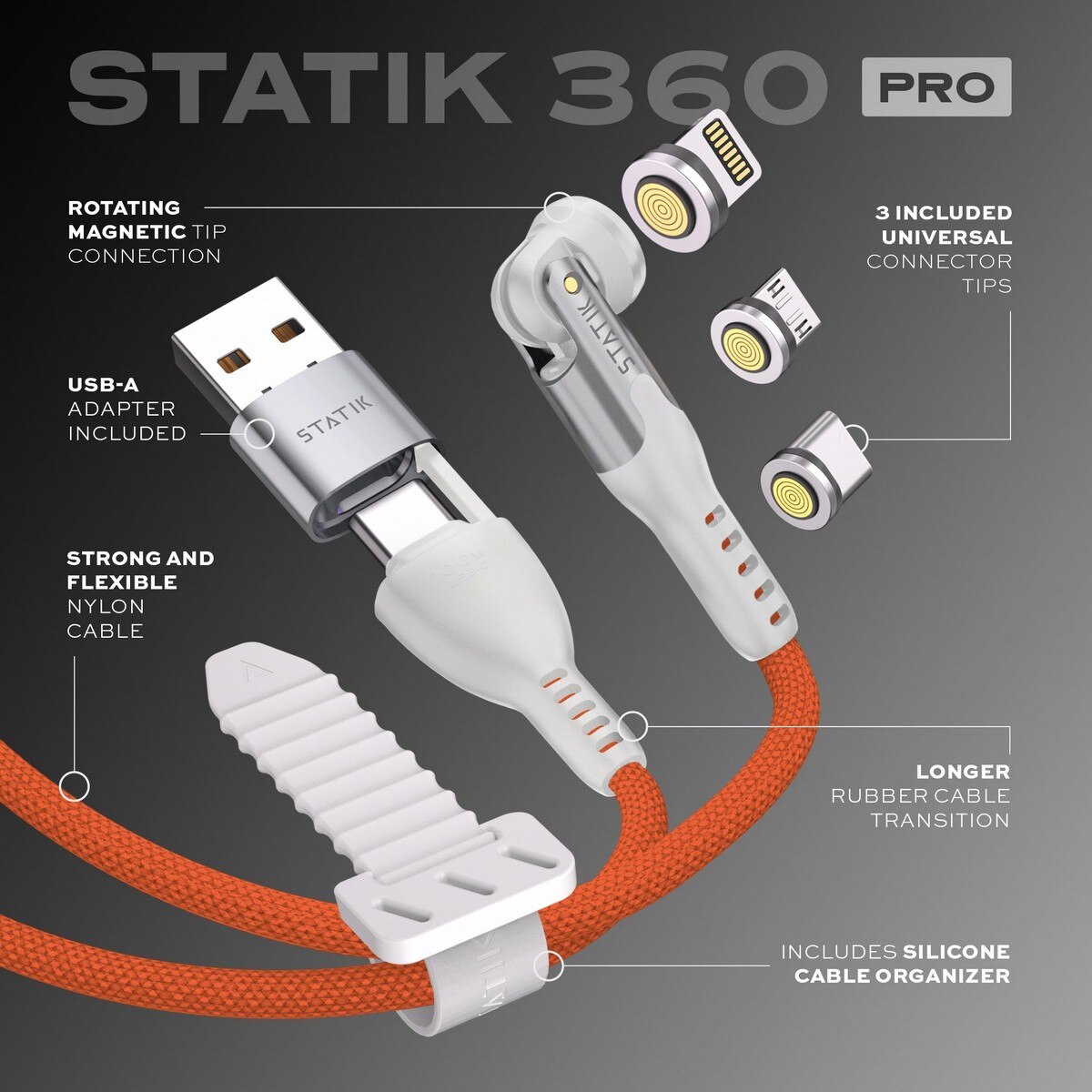 Cabo de Carregamento Statik 360 Pro Magnético de 100W USB-C, Lightning e Micro-USB - Laranja Laranja-2