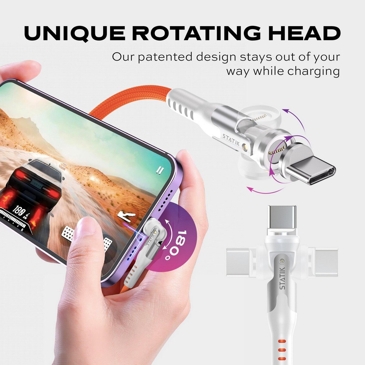Cabo de Carregamento Statik 360 Pro Magnético de 100W USB-C, Lightning e Micro-USB - Laranja Laranja-3