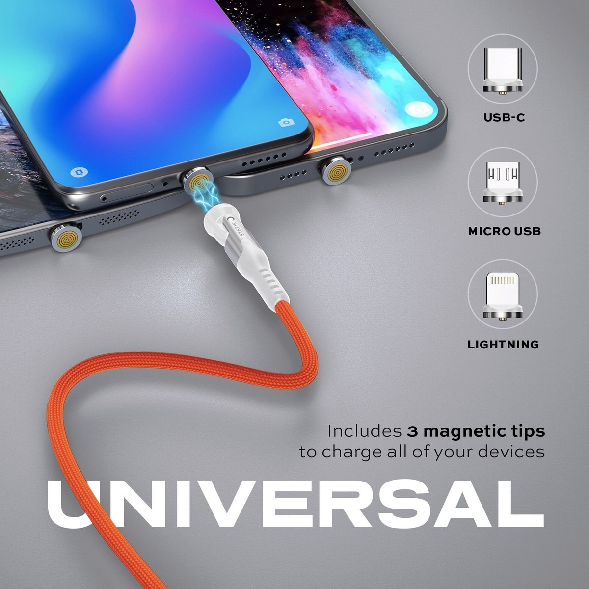 Cabo de Carregamento Statik 360 Pro Magnético de 100W USB-C, Lightning e Micro-USB - Laranja Laranja-6