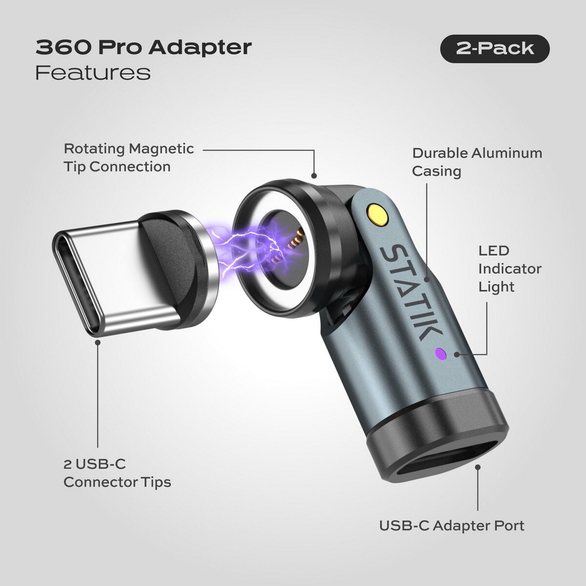 Adaptador Statik 360 Pro USB-C de 100 W com Carregamento e Sincronização Magnéticos Preto-2