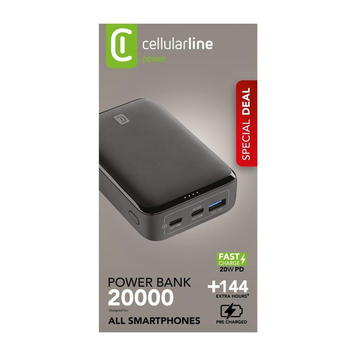 Power Bank Cellularline Essence PD 20000 mA/h, 2x USB-C + 1x USB-A Preto-3