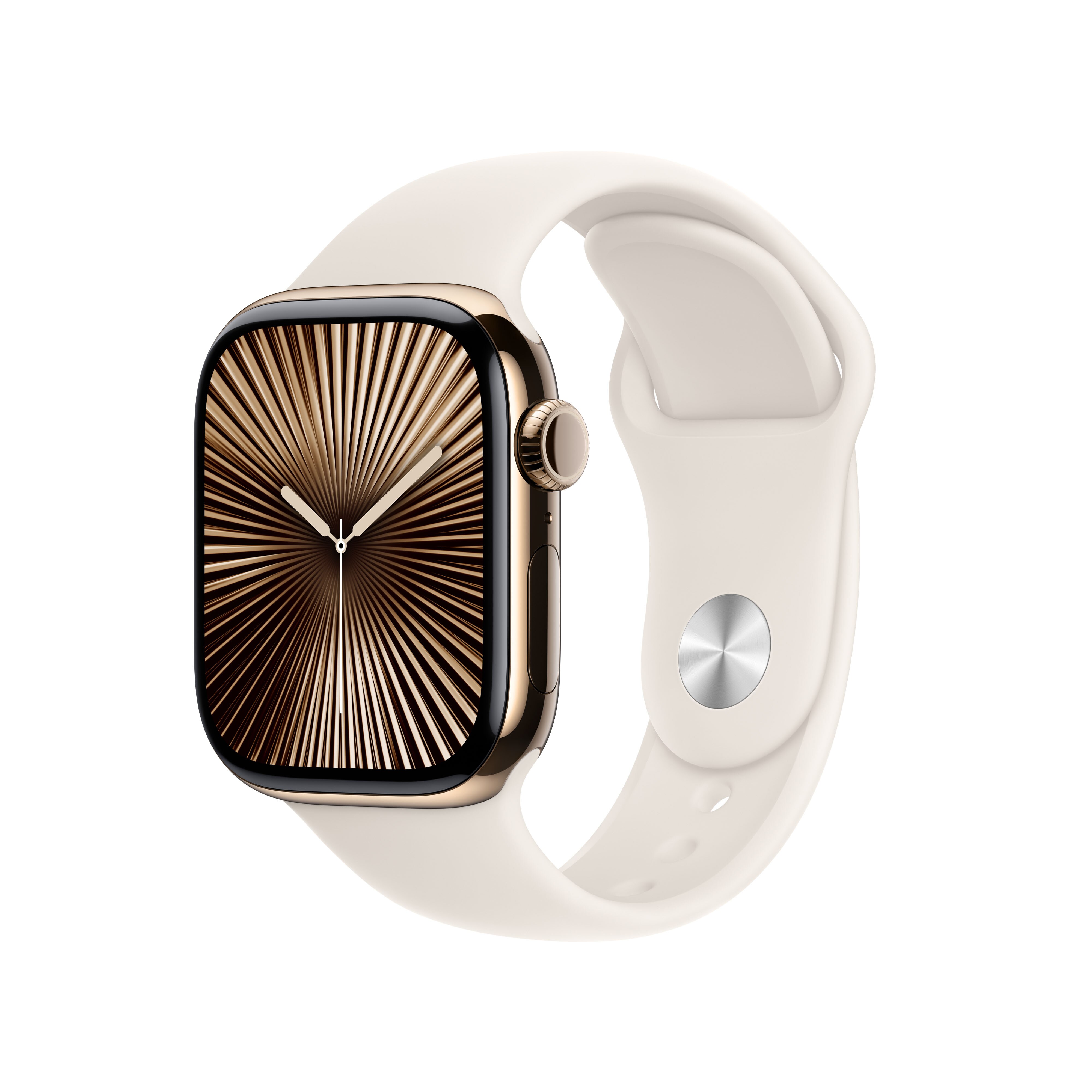 Imagem 0 de Apple Watch Series 10 GPS + Cellular 42mm - Titânio Dourado com Bracelete Desportiva Starlight (Tam. M/L)