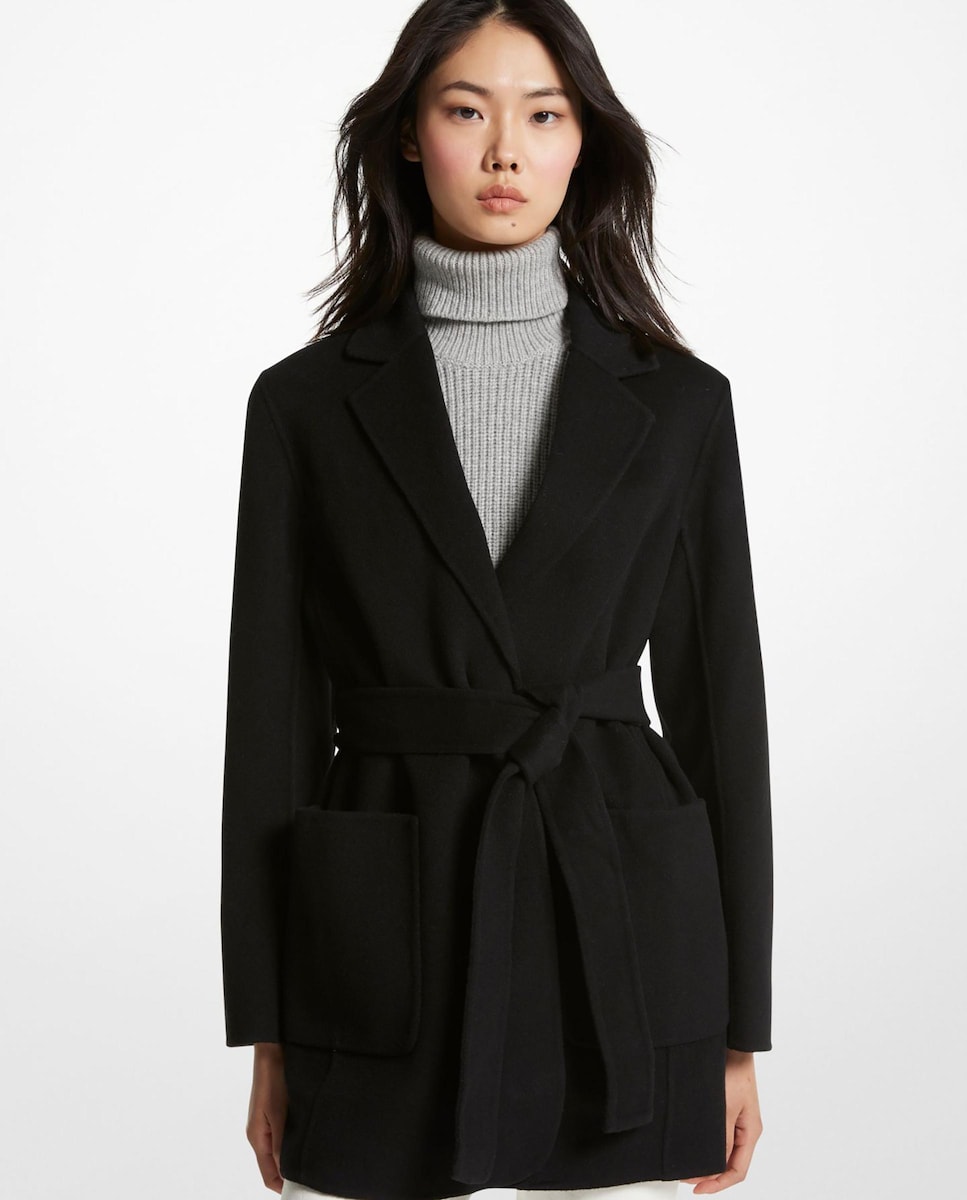 Sobretudo de Pano em Mescla de Lã Flexível com Cinto Preto-1