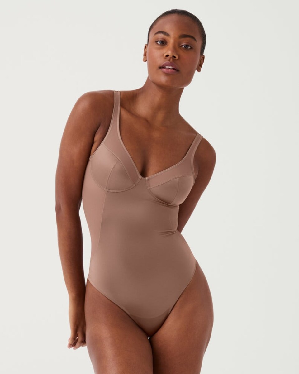 Body Tanga de Malha Moldeador Castanho-claro-1