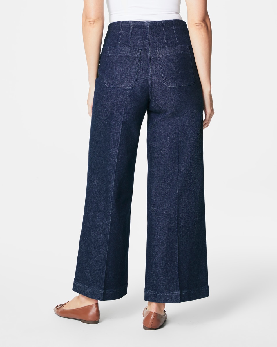 Calças Denim sem Costuras na Cintura e de Perna Larga Azul-índigo-2