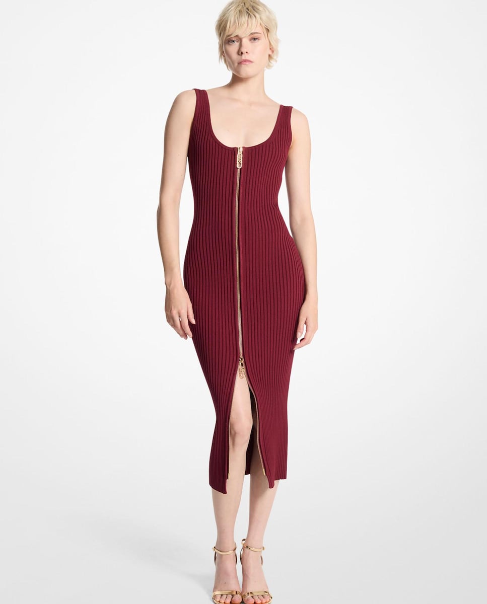 Vestido Midi com Fecho Zip Frontal Bordeaux-1