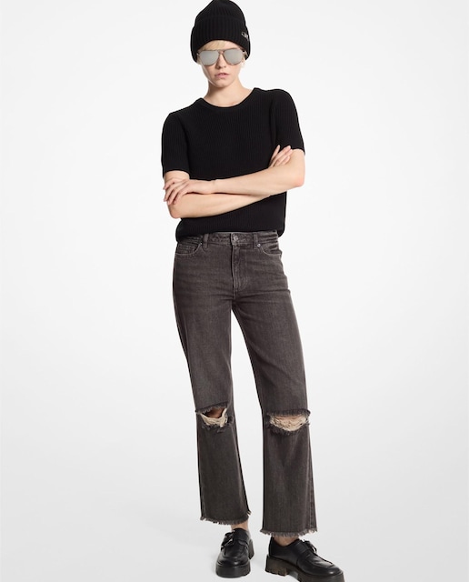 Imagem 0 de Jeans com Corte a Direito Desgastados com Bainha Desfiada