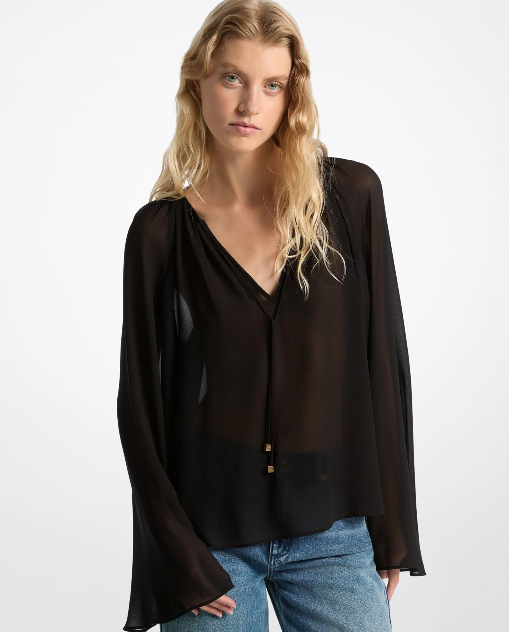 Blusa com Gola em V e Mangas À Boca de Sino Preto / Crómio-1