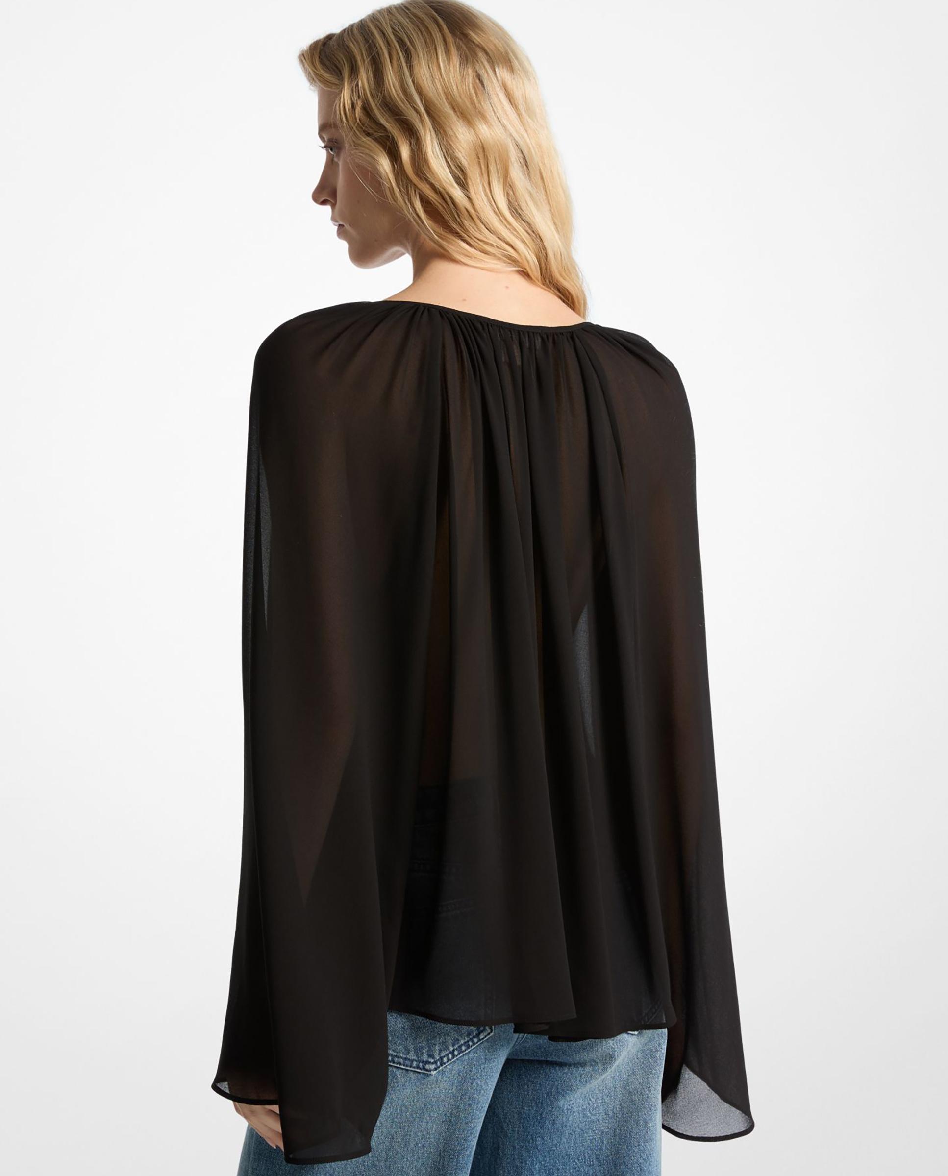 Blusa com Gola em V e Mangas À Boca de Sino Preto / Crómio-2