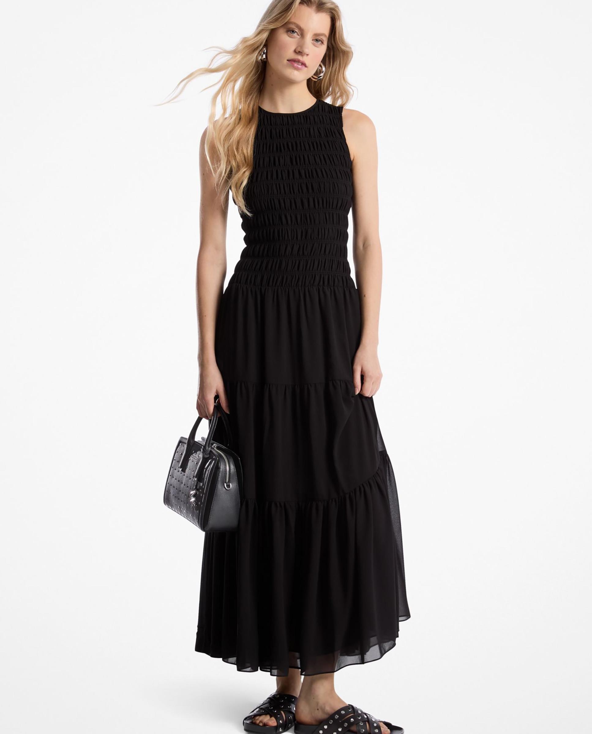 Vestido Comprido com Corpete Franzido Preto-1