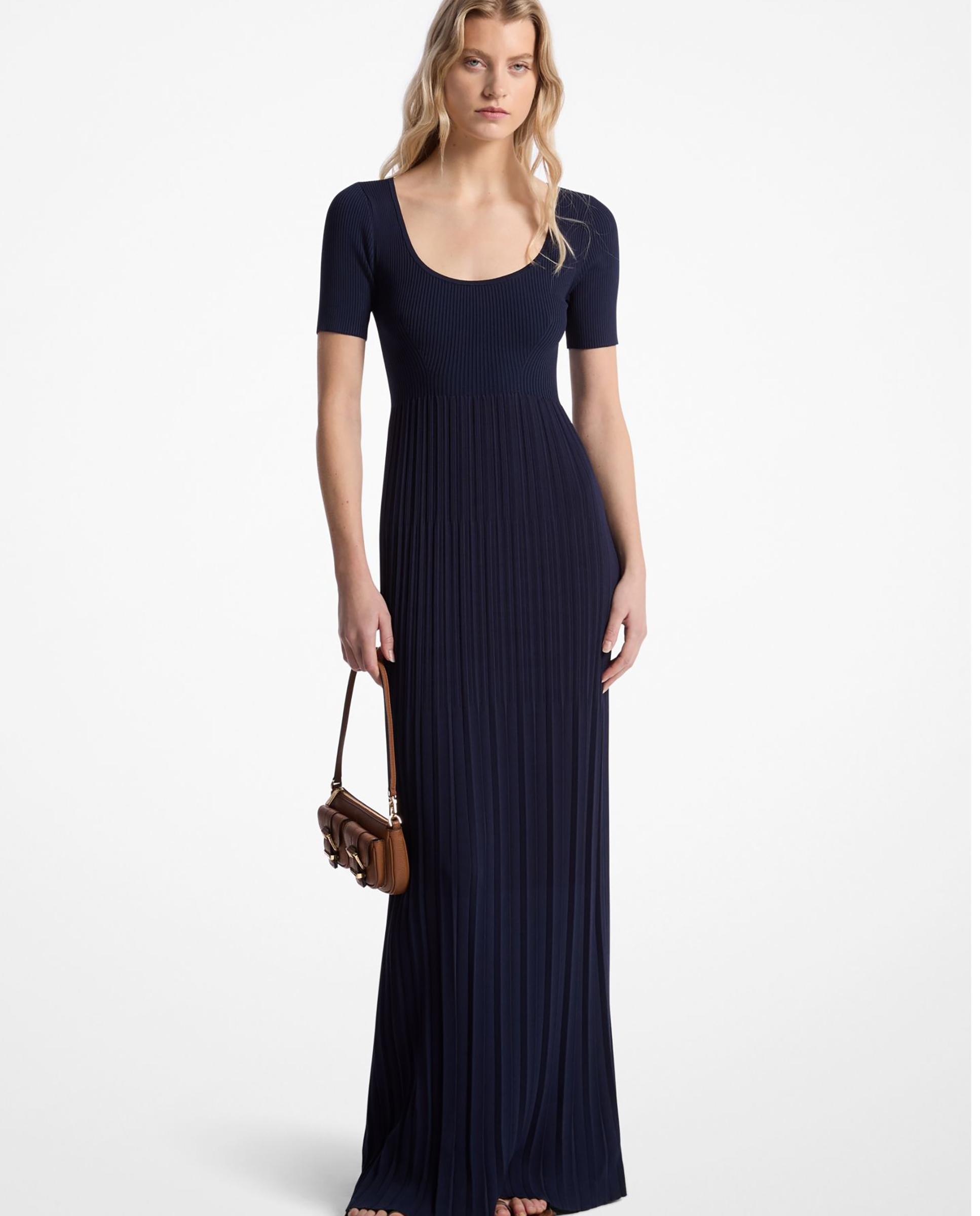 Vestido Comprido de Malha Elástica Azul-escuro-1