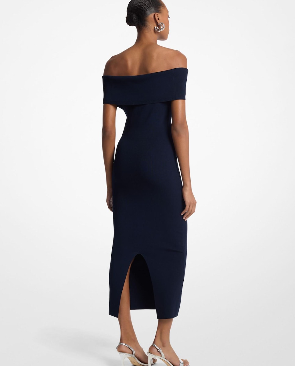 Vestido Ajustado de Corte Midi com Ombros Descobertos Azul-marinho-2