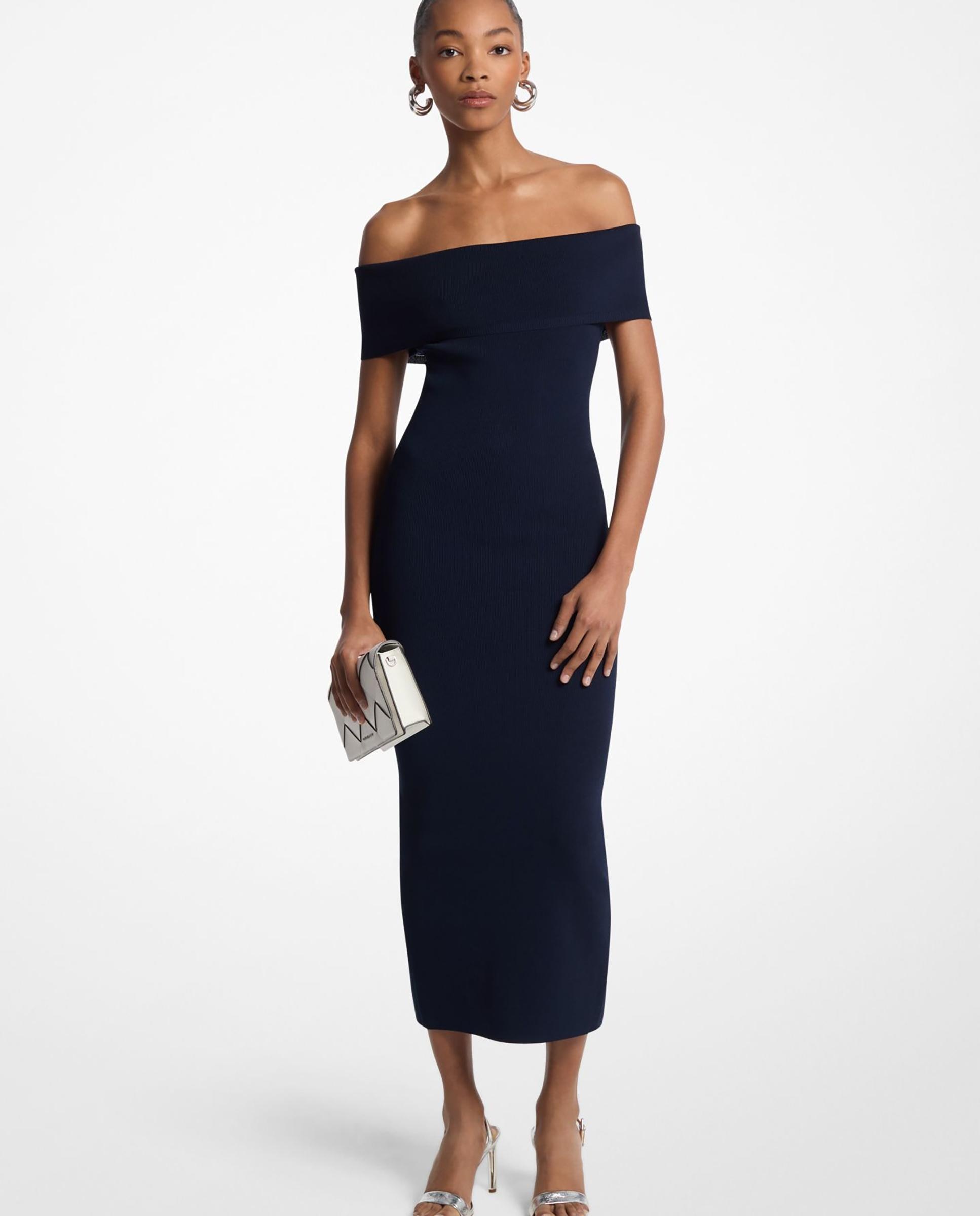 Vestido Midi de Malha Elástica com os Ombros Descobertos Azul-marinho-1