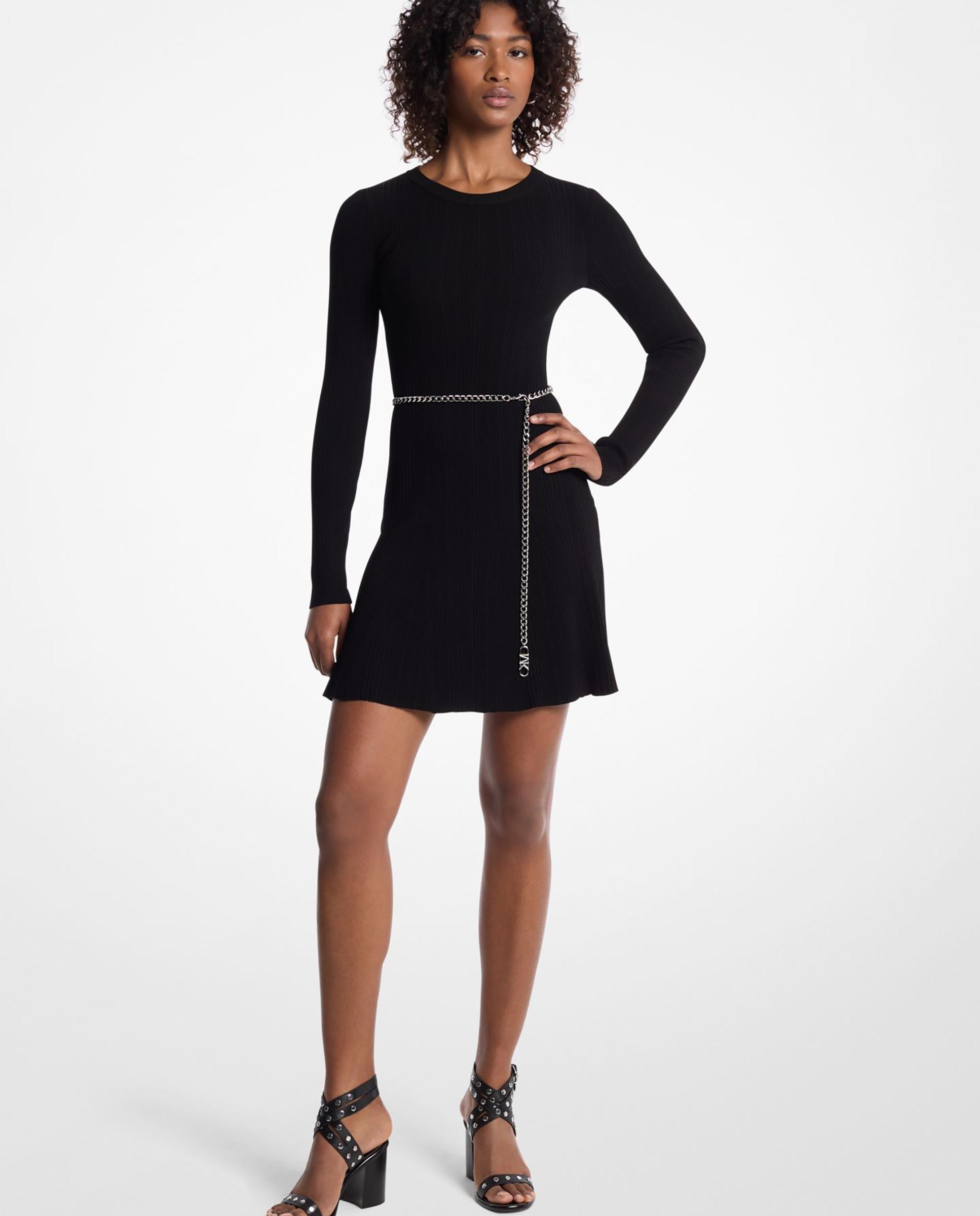 Vestido Curto de Malha Elástica de Manga Comprida Cinzento / Preto-1