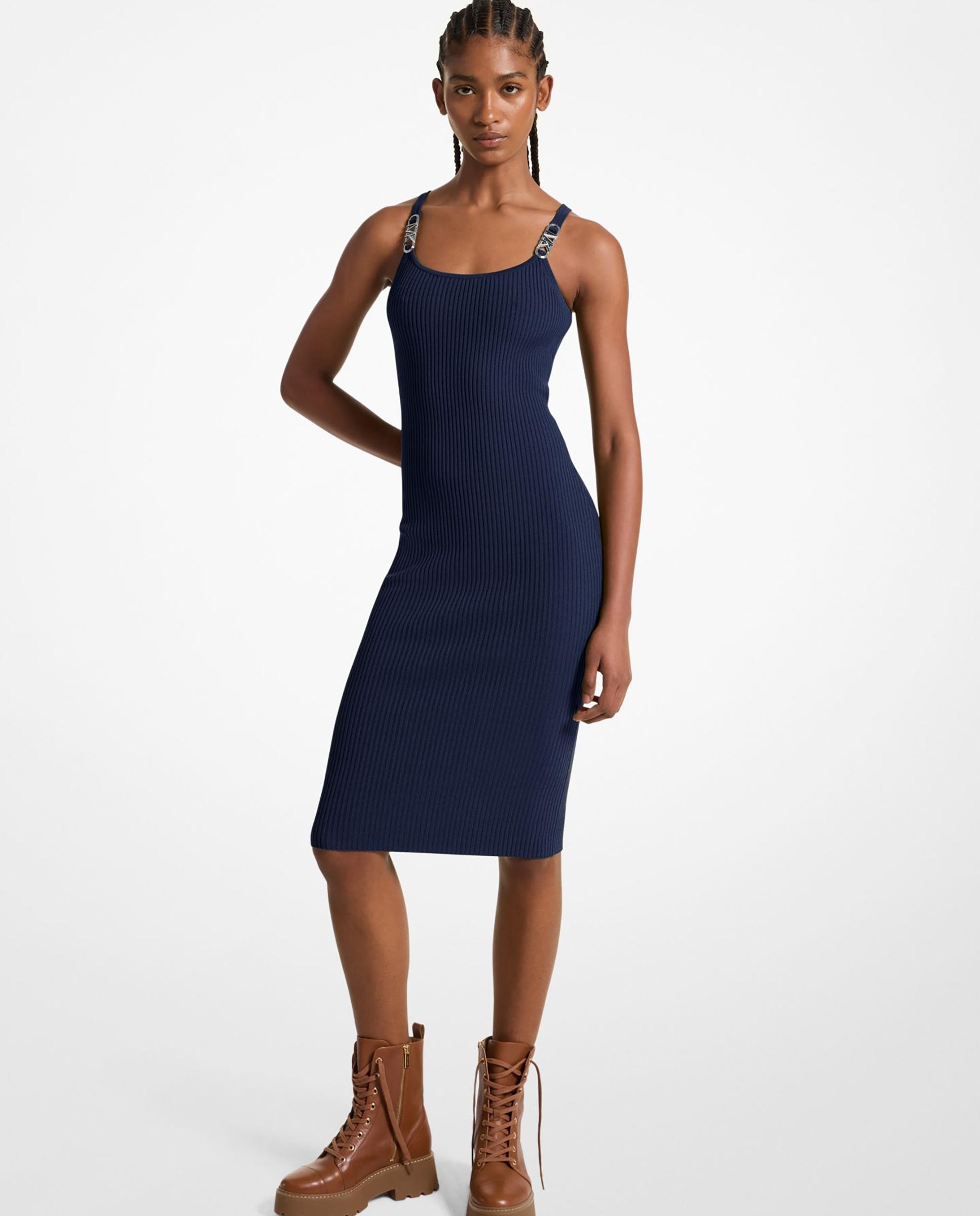 Vestido Midi de Malha Elástica Canelada com Alças Azul-marinho-1