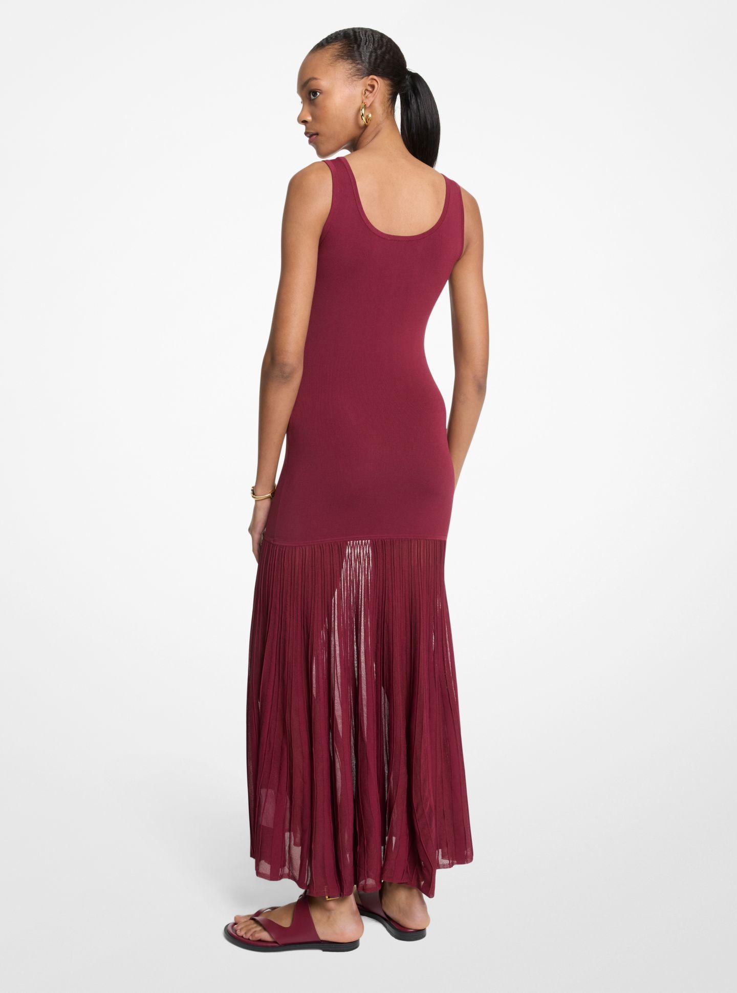 Vestido Comprido de Malha Elástica com Transparências Bordeaux-2