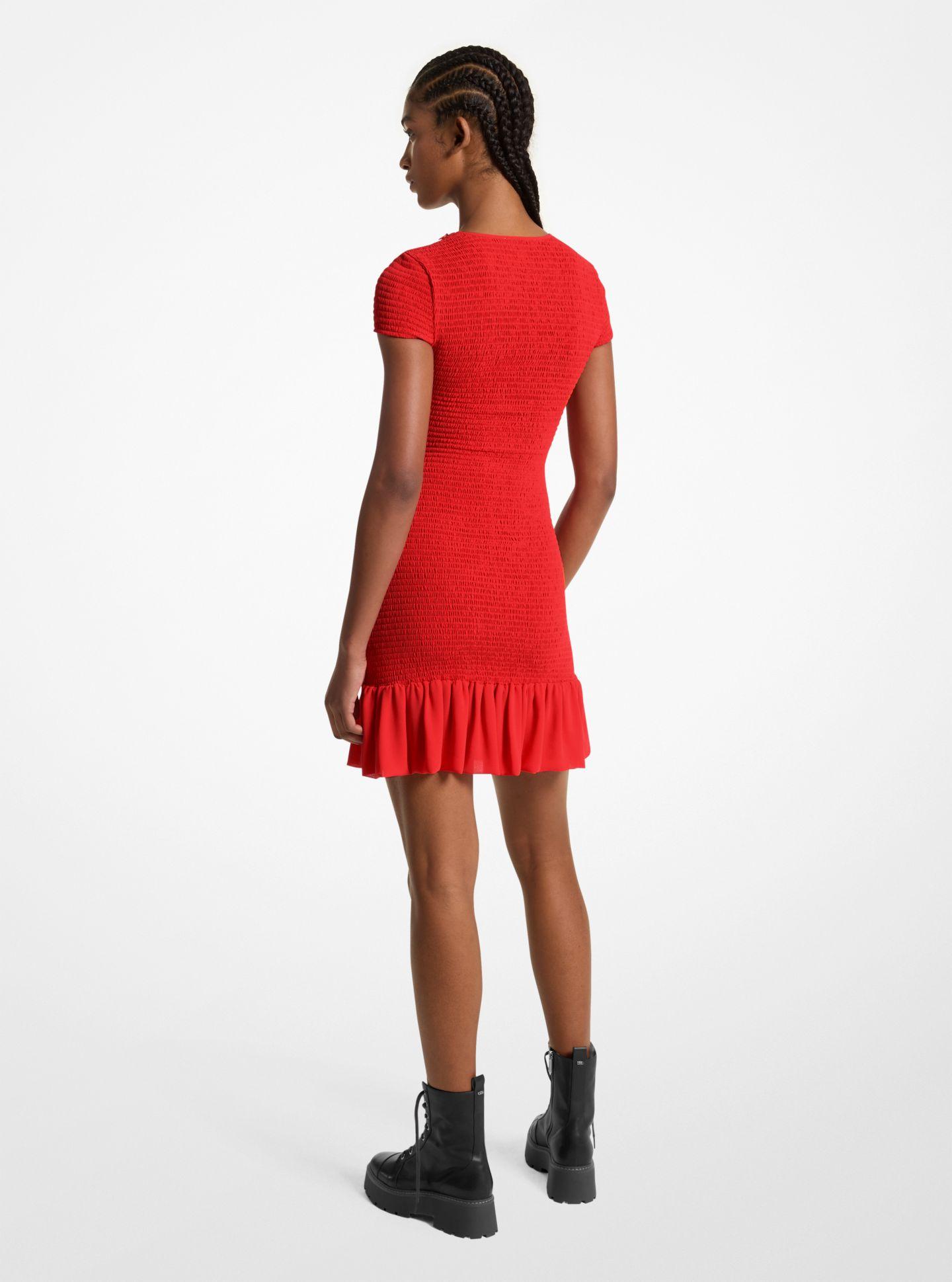Vestido Curto de Favo de Mel com Folho Vermelho-2
