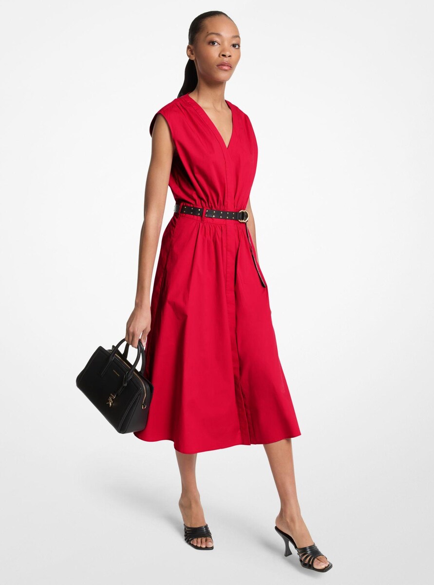 Vestido Midi de Algodão com Cinto Vermelho-1