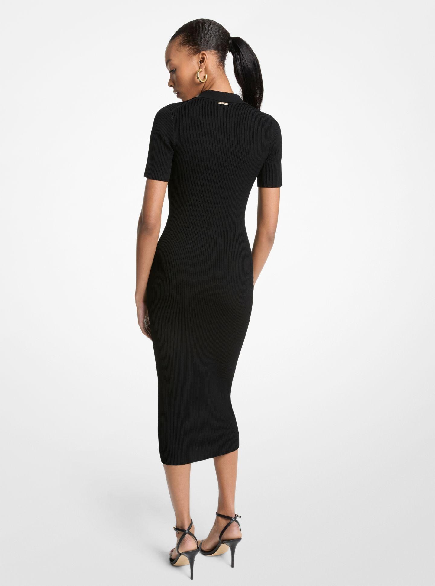 Vestido Midi Canelado com Gola Polo Cinzento / Preto-2