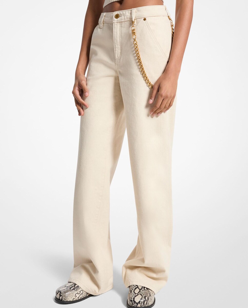 Jeans com Corte a Direito de Perna Larga com Corrente Creme-1