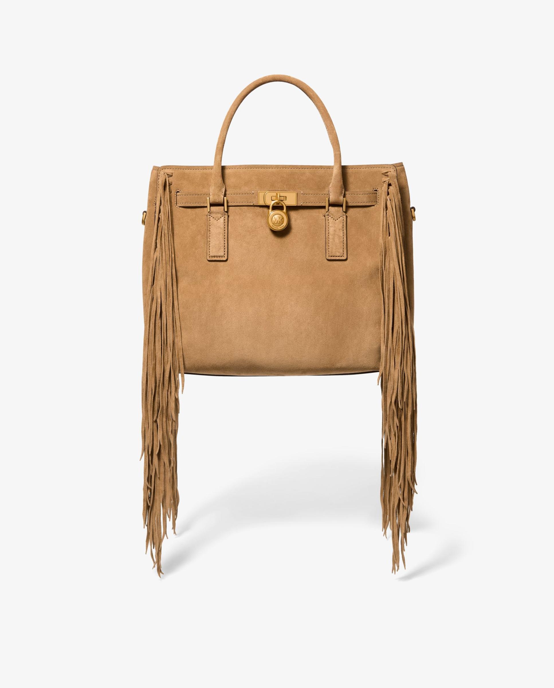 Mala de Mão Tipo Satchel Hamilton Moderne de Camurça com Franjas Camel-1