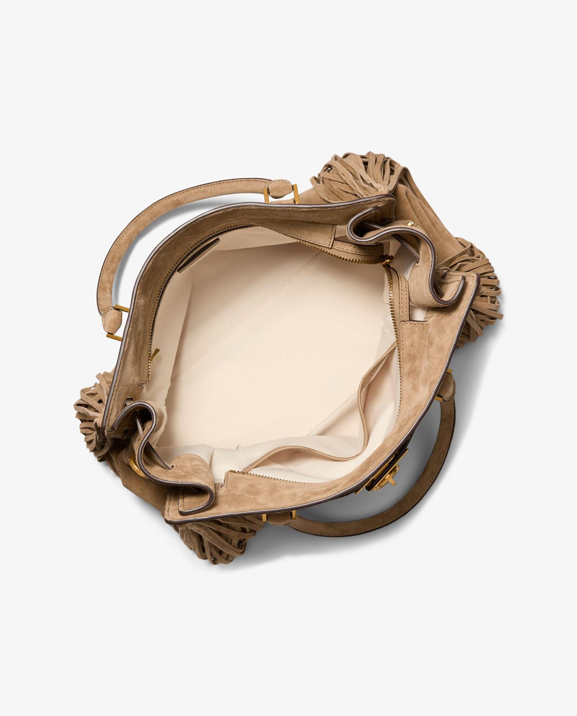 Mala de Mão Tipo Satchel Hamilton Moderne de Camurça com Franjas Camel-2